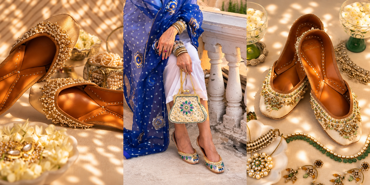 Designer juttis and batua purses for Diwali by Needledust