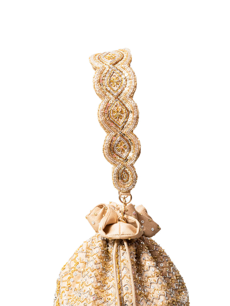 GOLDGIFTIDEAS Gold Embroidered Dupion Silk Potli Bags for Women, Return  Gift, Bridal Potli Purse for Wedding (Set of 5)